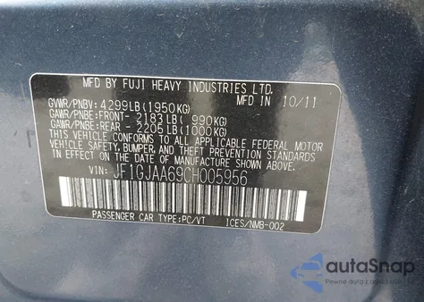 2012 Subaru Impreza 2.0I from USA, damaged, VIN JF1GJAA69CH005956